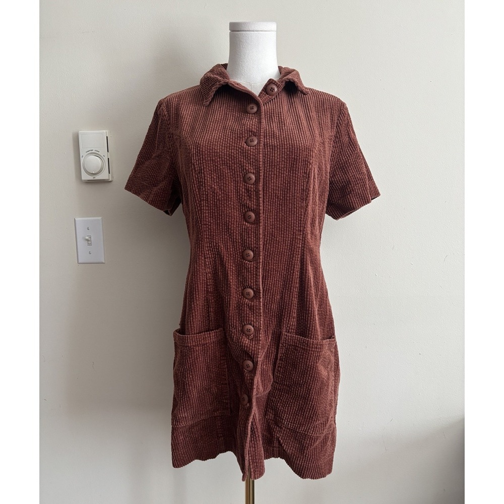 Rollas Francoise Corduroy Button Dress Large Brown Cotton Hipster Twee Autumn